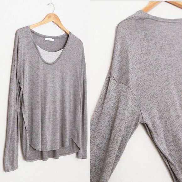 Vince Layered Two Tone Long Sleeve Tee Top M Round Neckline Curve Hem Sleek Slim - Picture 12 of 15